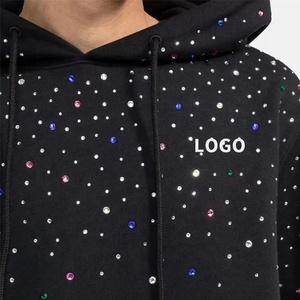Sweat-shirts à capuche oversize avec strass de qualité supérieure, à fermeture éclair, épaules tombantes, strass thermocollés pour femmes - Product Image 2