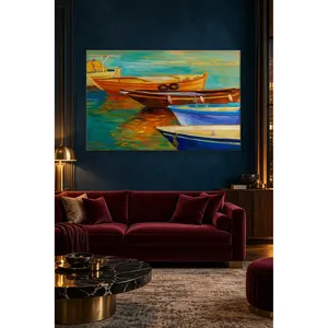 Impression sur toile de bateaux colorés dans une eau turquoise, style peinture à l'huile Fida - Product Image 1