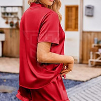 Ensemble de pyjama pour femme 100 % coton à manches courtes, motif uni, broderie machine, chaud, grande taille (XL), col roulé, fermeture boutonnée, été