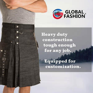 Kilt écossais en denim gris anthracite pour homme, clous en laiton, respirant, anti-rides, chaînes métalliques, vente en gros 2026 - Product Image 2