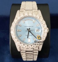 Montres de luxe pour hommes, design élégant de haute qualité, style hip-hop, acier inoxydable glacé, cadran analogique bleu ciel, verre, mécanique, charme