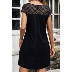 Robe courte en crêpe scintillante à manches courtes et col rond avec détail en tulle pour femme, 33100 - Product Image 3