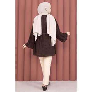 เสื้อคลุมสีน้ำตาลลำลองพร้อมแขนพองลายฟล็อคและดีไซน์คาดเข็มขัด - Product Image 6