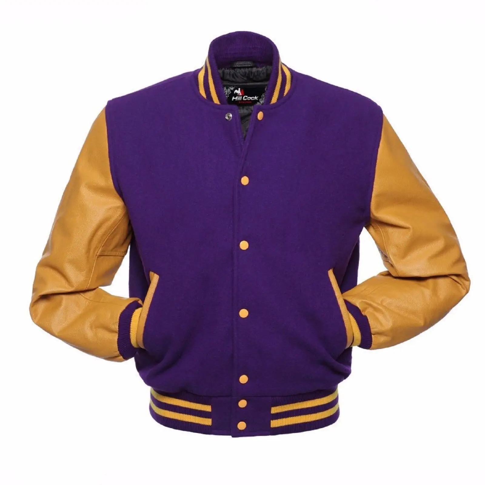 Abrigos y ropa de abrigo personalizados de invierno, chaqueta calefactable integral, cuerpo de lana informal dorado púrpura, Mangas de cuero de piel de vaca