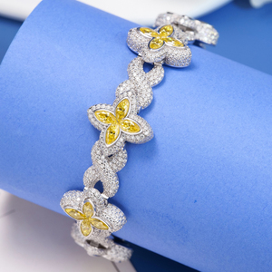 Pulsera de Plata 925 para Mujer, Diseño de Lujo con Certificación GRA, Eslabones Cubanos, Flor Amarilla Limón, Trébol de Cuatro Hojas, Moissanita VVS, Precio de Fábrica - Product Image 1