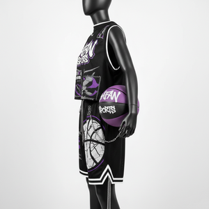 Conjunto de Camiseta y Pantalones Cortos de Baloncesto para Mujer, Tejido de Malla de Poliéster Transpirable de Primera Calidad, 180 GSM, Diseño de Paneles Negros y Morados, Conjuntos para Mujer - Product Image 3