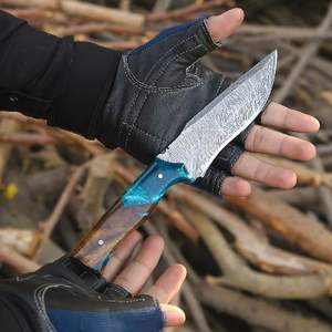 Couteau de chasse à lame fixe en acier Damas de haute qualité fait à la main pour le camping et la survie, avec manche en bois, personnalisé avec étui en cuir - Product Image 5