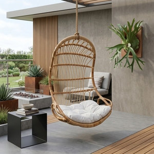 Fauteuil suspendu en rotin naturel Subaliu Skopje HC, chaise balançoire de jardin extérieure avec coussin en sergé, décoration de patio, design artistique pur - Product Image 5