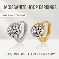 Petites boucles d'oreilles créoles en argent S925 avec moissanite, serti à la biseau courbé, fermoir articulé, surface polie, pierre ronde de 6,5 mm, 8 mm, 9 mm