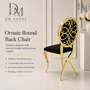 Chaise de mariage décorative en acier inoxydable doré avec dossier ajouré et revêtement noir pour mariages et événements de banquet - Product Image 1
