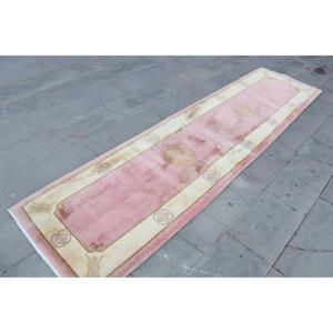 Turkish Runner Rug 2.5x10 ft, Pink <b>Brown</b> Floral Rug <b>Wool</b> - Product Image 3