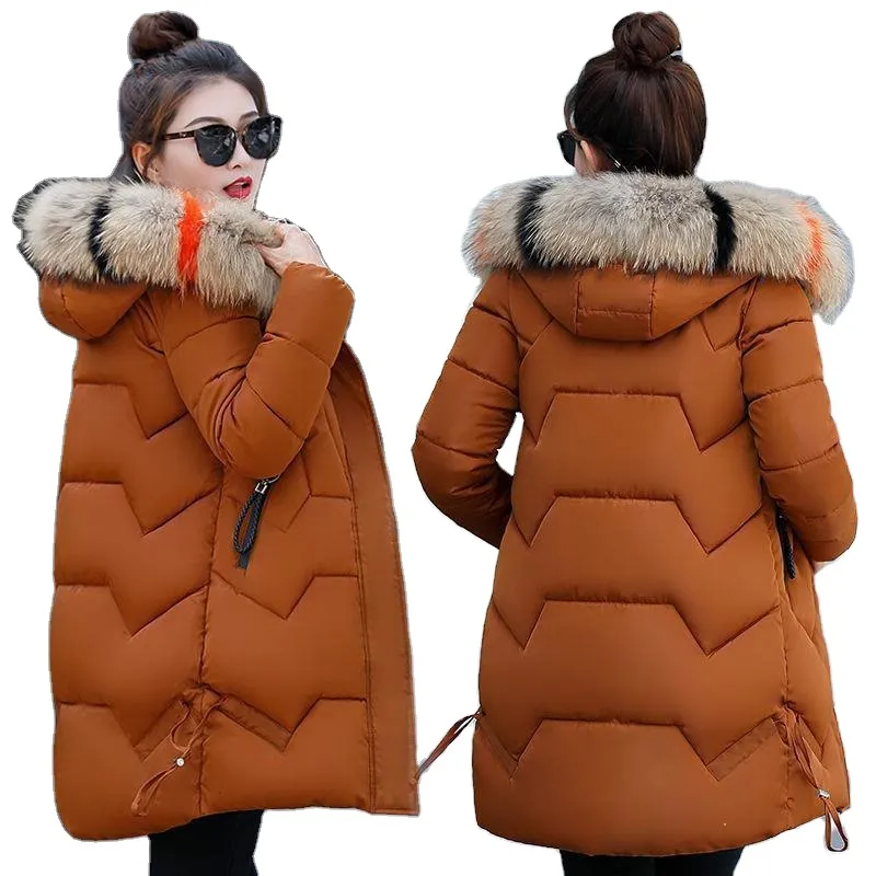 Moda Cuello de piel señoras con capucha Parkas mujeres burbuja pato abajo invierno Puffer abrigo mujer chaqueta