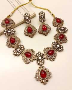 Ensemble de collier à polki de créateur de luxe victorien avec boucles d'oreilles assorties bijoux de mariée en laiton polonais pour mariages et fêtes - Product Image 4