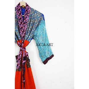 Designer Elegant Floral Print Vintage Silk Sari Kimono Robe Soft Casual Summer Intimates Beach Nightgown Floor-Length - Product Image 3