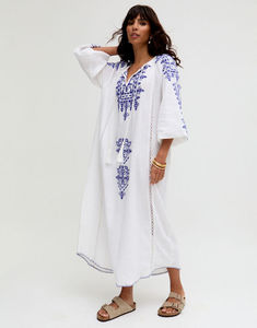 Robe mi-longue d'été pour femmes en coton solide brodé à la taille naturelle, lavable et légère de style bohème - Product Image 1