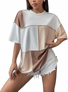 Camiseta holgada de manga corta con cuello redondo y costuras en bloque de Color para mujer de alta calidad - Product Image 4