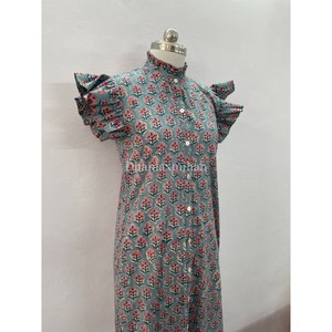 100% bông tay khối in mùa hè Maxi Dress đối với phụ nữ handmade diềm nút xuống đứng cổ áo giản dị nút xuống Ăn mặc - Product Image 2