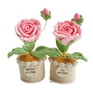 Crochet transfrontalier fait main en coton, fleur artificielle en fil de rose, bonsaï en pot pour bureau, décoration d'intérieur, ornements, cadeau, voyage - Product Image 5