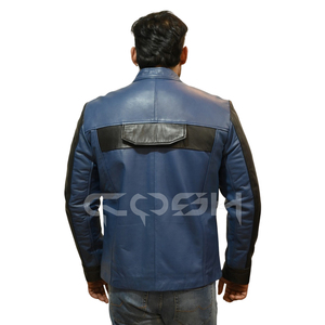 Veste de motard en cuir bleu nuit de style urbain moderne, veste streetwear bicolore avec poches poitrine - Product Image 6