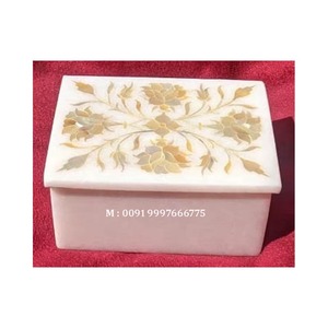 Boîte à bijoux décorative en marbre blanc pur de haute qualité, faite à la main, avec des motifs floraux en nacre jaune, pour cadeau et décoration - Product Image 1