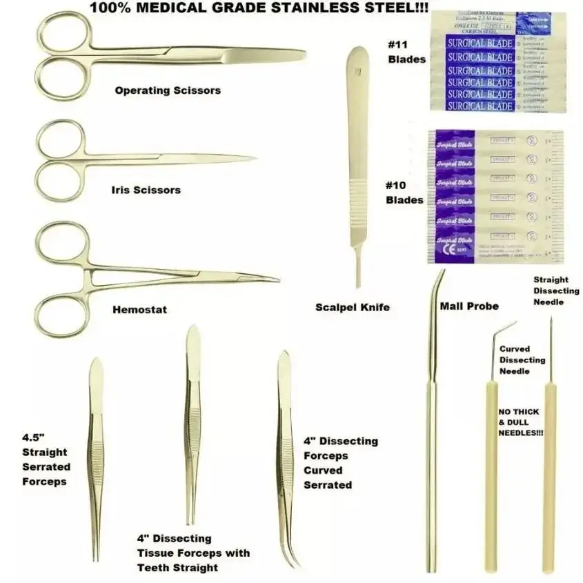 Kit de dissection avancé de haute qualité de 20 pièces pour les étudiants en médecine d'anatomie et de biologie avec manche de couteau scalpel