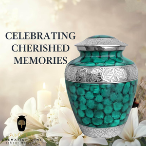 Urna decorativa de latón verde y plateado con grabado de hojas Memorial hecho a mano o tarro de acento para el hogar Jarrón de recuerdo elegante - Product Image 4