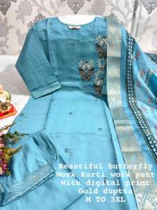 Fancy Evergreen Designer Outfit Viscose Kurti Pant Trabajo hecho a mano con Dupatta Compras en línea India a precio barato para la venta - Product Image 4