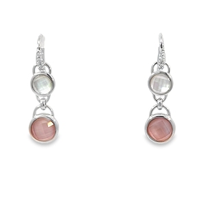 Boucles d'oreilles pendantes doubles rondes en or 18 carats |   Quartz naturel blanc et nacre rose |   Bijoux fins sur mesure OEM - Product Image 1
