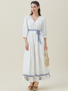 Elegante vestido de algodón de lino para mujer mangas hinchadas borla Mini estilo de alta calidad Natural Sexy tejido bordado técnicas - Product Image 4