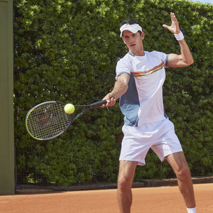 T-shirts de sport personnalisés OEM pour hommes, 92% polyester, 8% élasthanne, imprimé en deux parties, rayures sur la poitrine, col rond, tennis - Product Image 2