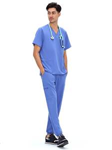 Combinaison de travail pour infirmières en polyester et élasthanne pour femmes, pantalon de jogging extensible avec plusieurs poches, blouse à col montant et manches courtes - Product Image 3