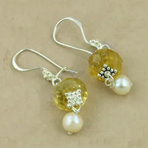 Boucles d'oreilles pendantes en argent 925 avec citrine et perle, cadeau pour femme - Product Image 2