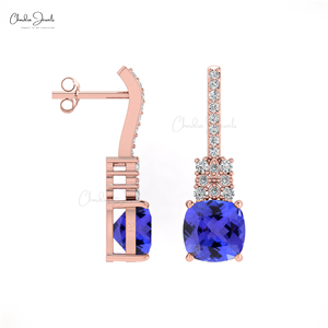 Boucles d'oreilles en pierres précieuses taillées dans un coussin de 6mm, tanzanite éblouissante, or massif 14 carats fait à la main pour fiançailles, bijoux fins - Product Image 1
