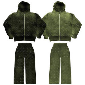 Ensemble de survêtement décontracté unisexe en coton à coupe régulière, effet délavé à l'acide, sweat-shirt à capuche court zippé et pantalon de survêtement, survêtement streetwear personnalisé - Product Image 1