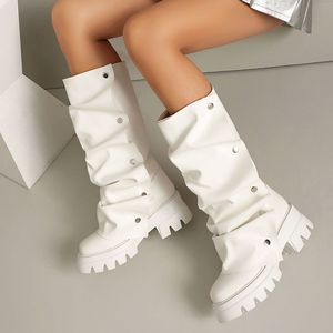 Botas de plataforma plegables para mujer, tacón grueso, punta redonda, estilo western, sin cordones, a media pantorrilla, ligeras, que aumentan la altura, color liso. - Product Image 5