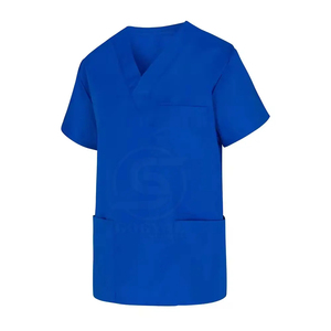 Unisex Royal Blue V-Neck <b>Scrub</b> <b>Top</b> With Pockets Cotton Polyester Woven Hospital Uniforms - Product Image 5
