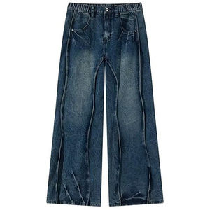 <b>Men's</b> Retro Patchwork Design Baggy High Street Wide Leg Drop Straight Jeans Distressed Washed <b>Denim</b> Mid-Waist <b>Overalls</b> Knitted - Product Image 6