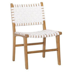 Chaise de salle à manger minimaliste en bois de teck avec sangles tissées blanches-Solution d'assise durable et élégante - Product Image 1