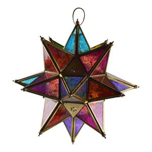 Farol Colgante Hecho a Mano en India, Diseño de Hierro y Vidrio con Acabado Multicolor, Ideal para Iluminación Decorativa - Product Image 1