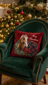 Housse de coussin de Noël de luxe en velours tissé motif cheval, 400 fils/cm², lavable, 50x50cm, broderie équestre Joyeux Noël - Product Image 5