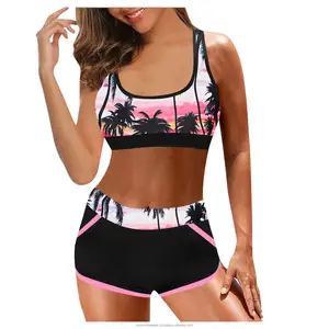 Women High Waist Print Split Bikini Set Swimwear Vest with Pockets Boxer Pants Digital Printed Bikini Swimsuit Beachwear