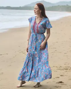 2023 Print Casual Women Summer Long Maxi Dress Beachwear 100% Cotton Plus Size V- Neck Dresses For Women