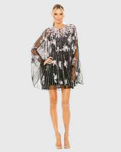 Motif floral élégant modeste Aline corps forme soirée genou longueur robe en organza perlé paillettes perles fête boule Cape-manches - Product Image 1