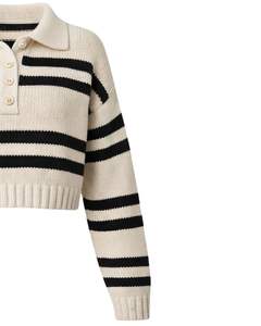 Pull Polo Court en Tricot Rayé Noir pour Femme, Fabrication Personnalisée, Manches Longues, Patte de Boutonnage, Doux, Hiver, Décontracté, Mode, Haut, OEM - Product Image 3