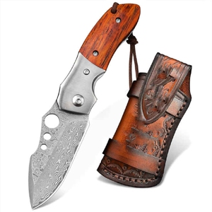 Cuchillo plegable hecho a mano con revestimiento de acero damasco, mango de madera, Funda de cuero fino para regalos DIY OEM - Product Image 5