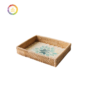 Plateau décoratif en nacre en rotin fait à la main pour table basse, plateau de service de luxe en incrustation de coquillages du Vietnam - Product Image 3