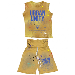 240 GSM Cotton Terry Women Sleeveless Tshirt Short <b>Set</b> Blue Puff Print <b>Paint</b> Splash Custom Logo Outfit Women's <b>Sets</b> - Product Image 6