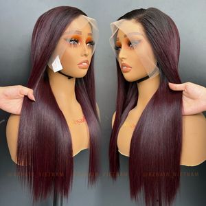 Dark Burgundy Wig Bone Straight High Quality Remy Vietnamese <b>Hair</b> Machine Double Weft Extensions Transparent for Lace All - Product Image 5