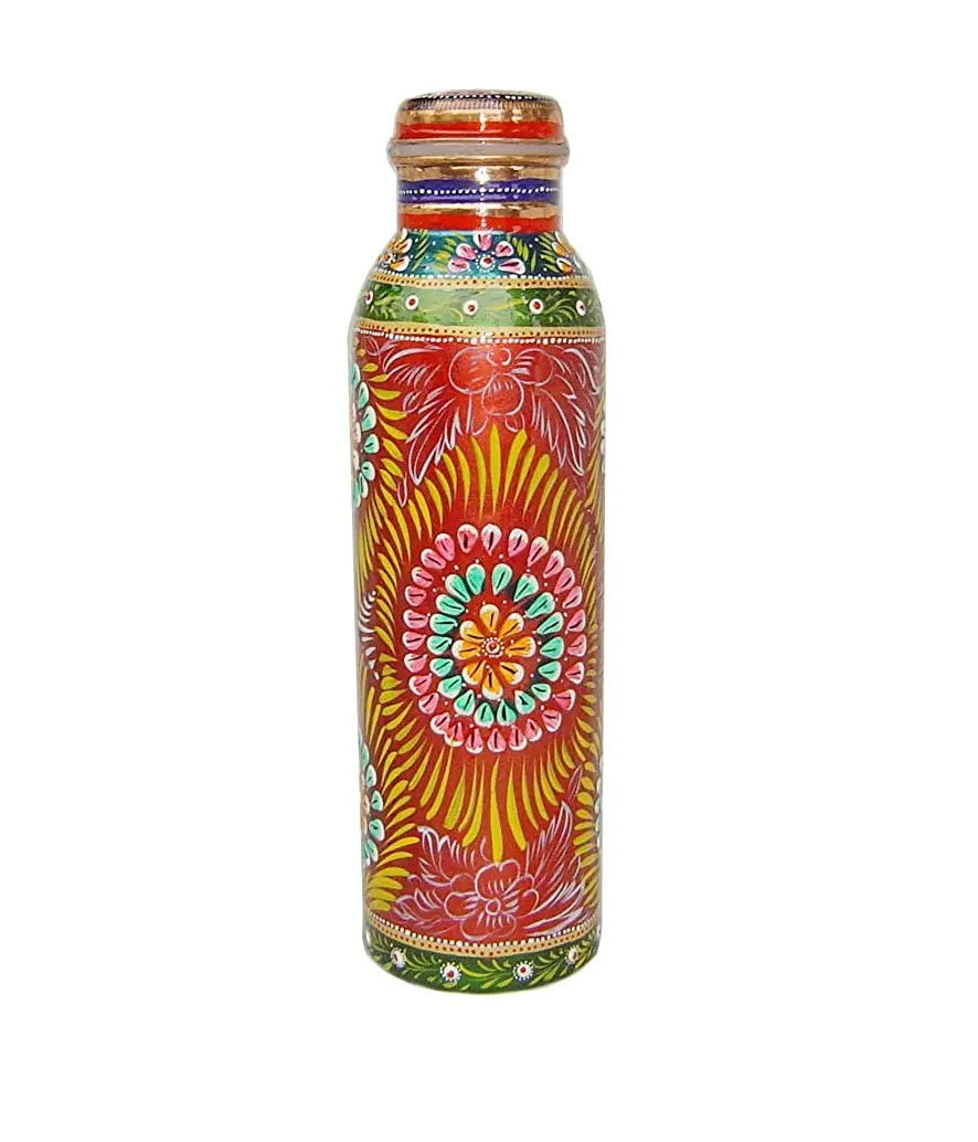 Nueva botella de agua hecha a mano india de cobre 32 Oz Imagen antigua 1 botella de agua hecha a mano india de cobre puro en aspecto pintado a mano