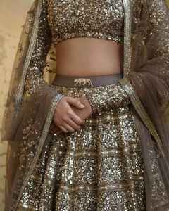 Collection de lehenga Sabyasachi avec de magnifiques broderies, travail de zari et paillettes pour les occasions de fête, accompagné d'un choli. - Product Image 3